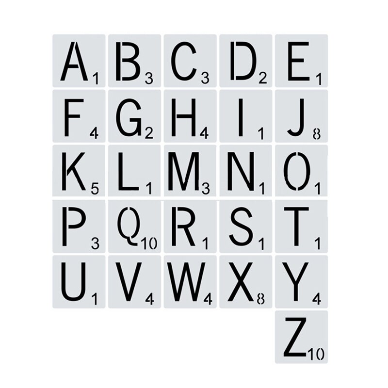 26 stk genanvendelige scrabble bogstaver alfabeter stencils tegner maleri skabeloner til diy håndværk hjem vægdekoration: 13 x 13cm