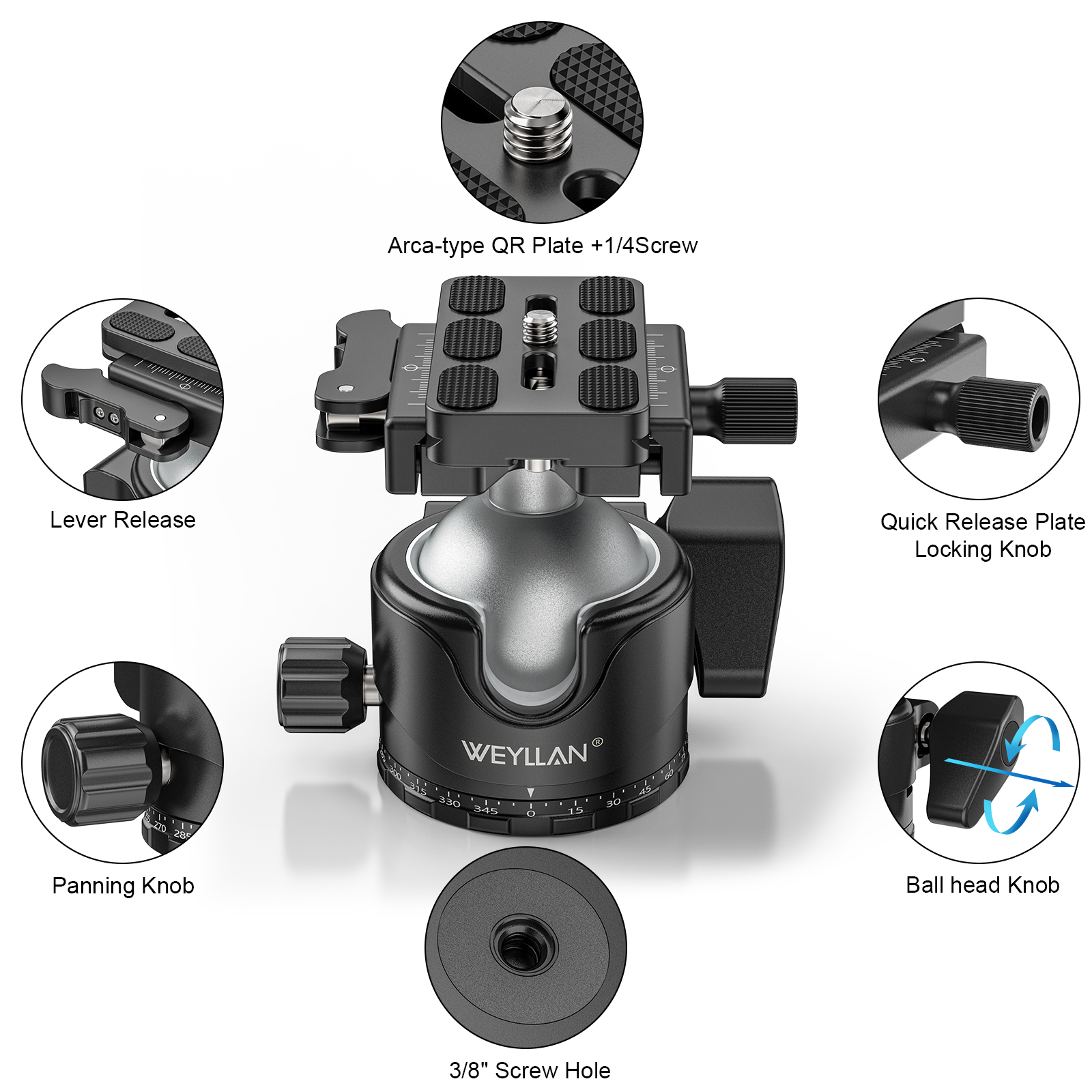 Tripod Ball Head with Lever Release 46mm Low Profile Ball Head Mount with Arca Swiss Plate WEYLLAN EH46L for Monopod Load 20kg