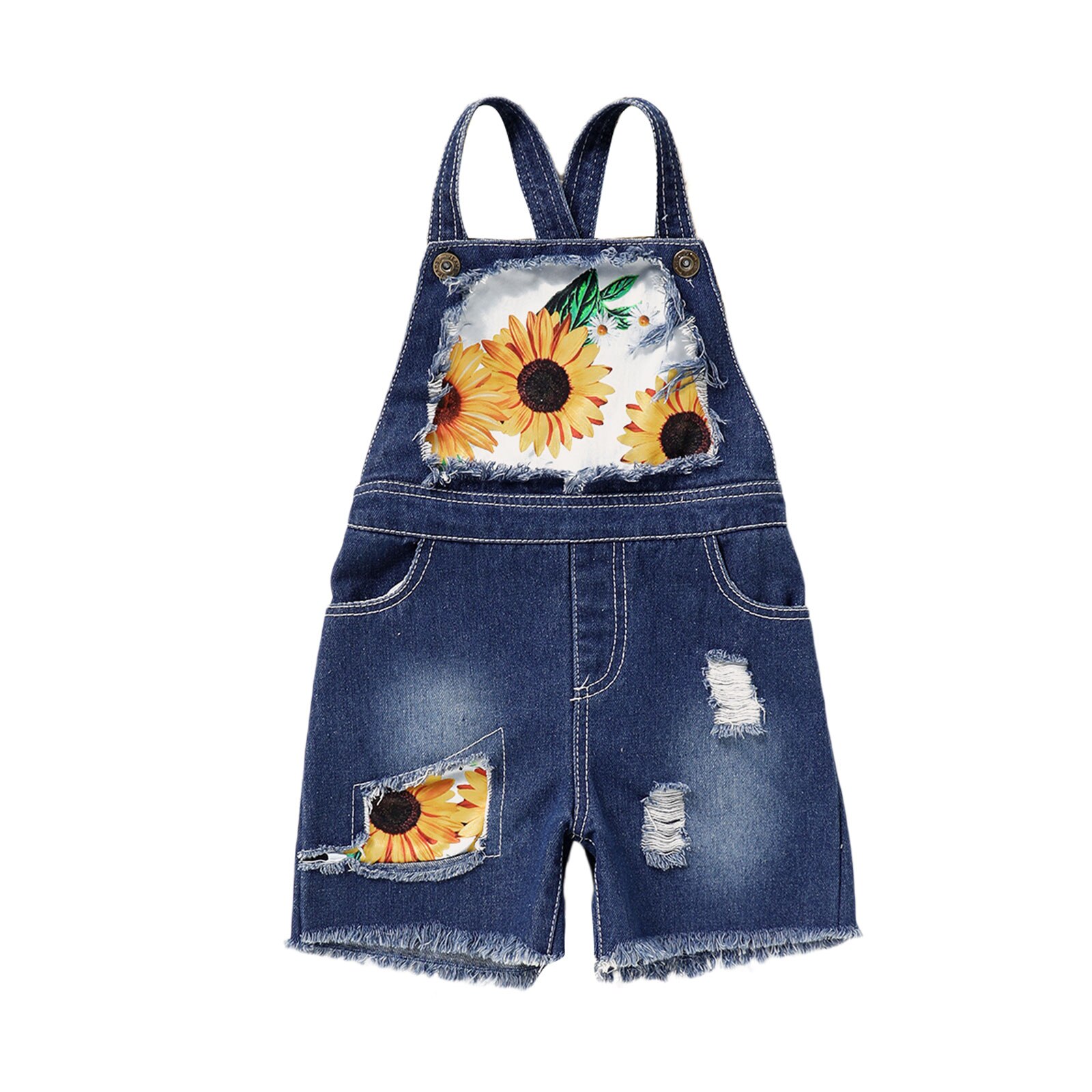 2-7Y Children Clothing Summer Kid Baby Girl Sunflower print Denim Overalls Sleeveless Strap Shorts Jumpsuit Outfit