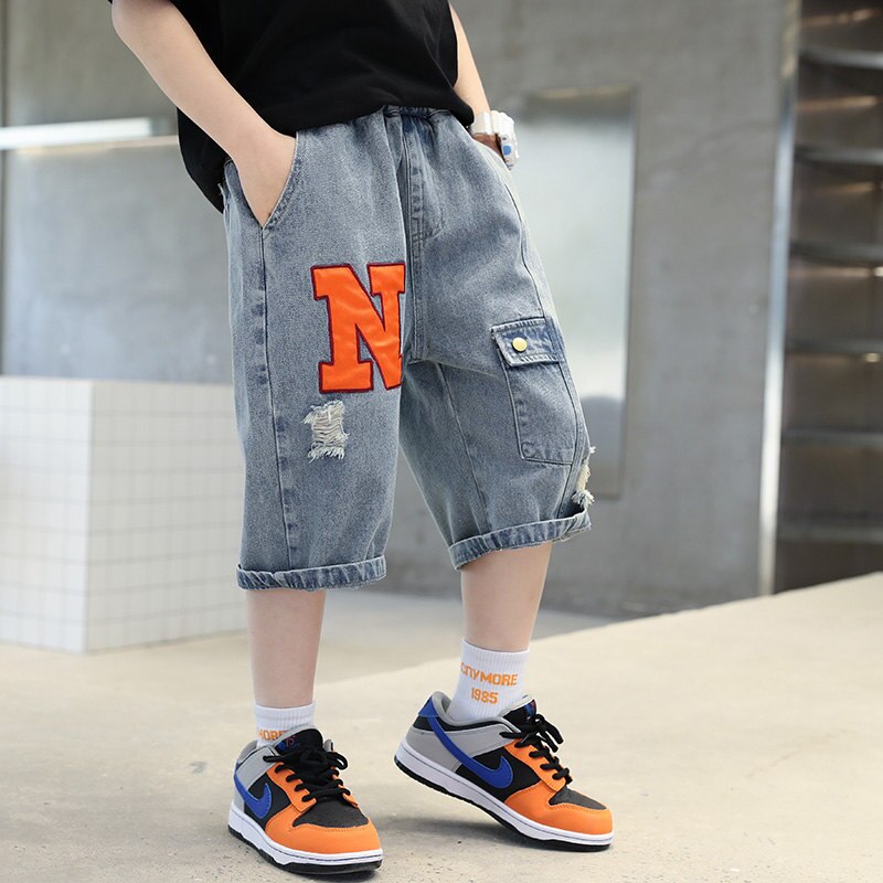 Big Kids Sport Denim Shorts estate Casual cotone nuovi arrivi abiti moda elastico in vita pantaloni rotti Jeans corti 5-14 anni