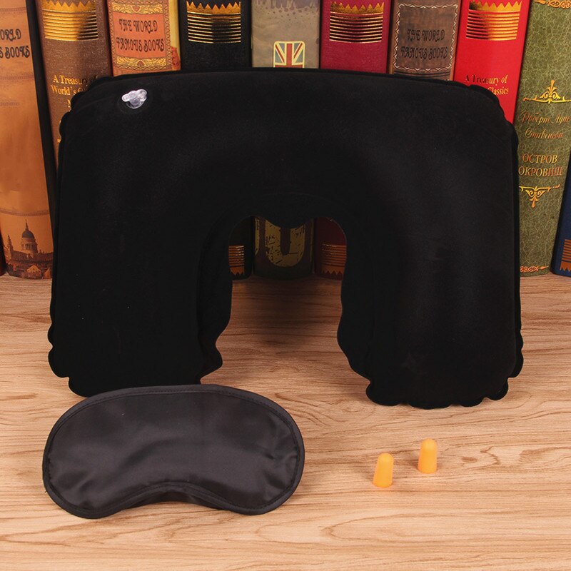 3Pcs U Nekkussen Lucht Opblaasbare Zachte Lichaam Kussen Reizen Vliegtuig Hals Relax Kussen Tractie Massager Met Oordopjes Blinddoek: Black