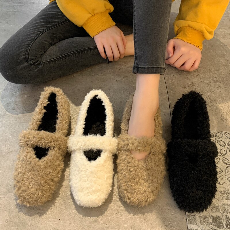 Hook & loop fritidsskor kvinna vårbaletter plattor slip on dam skor varm plysch päls lägenheter dam loafers
