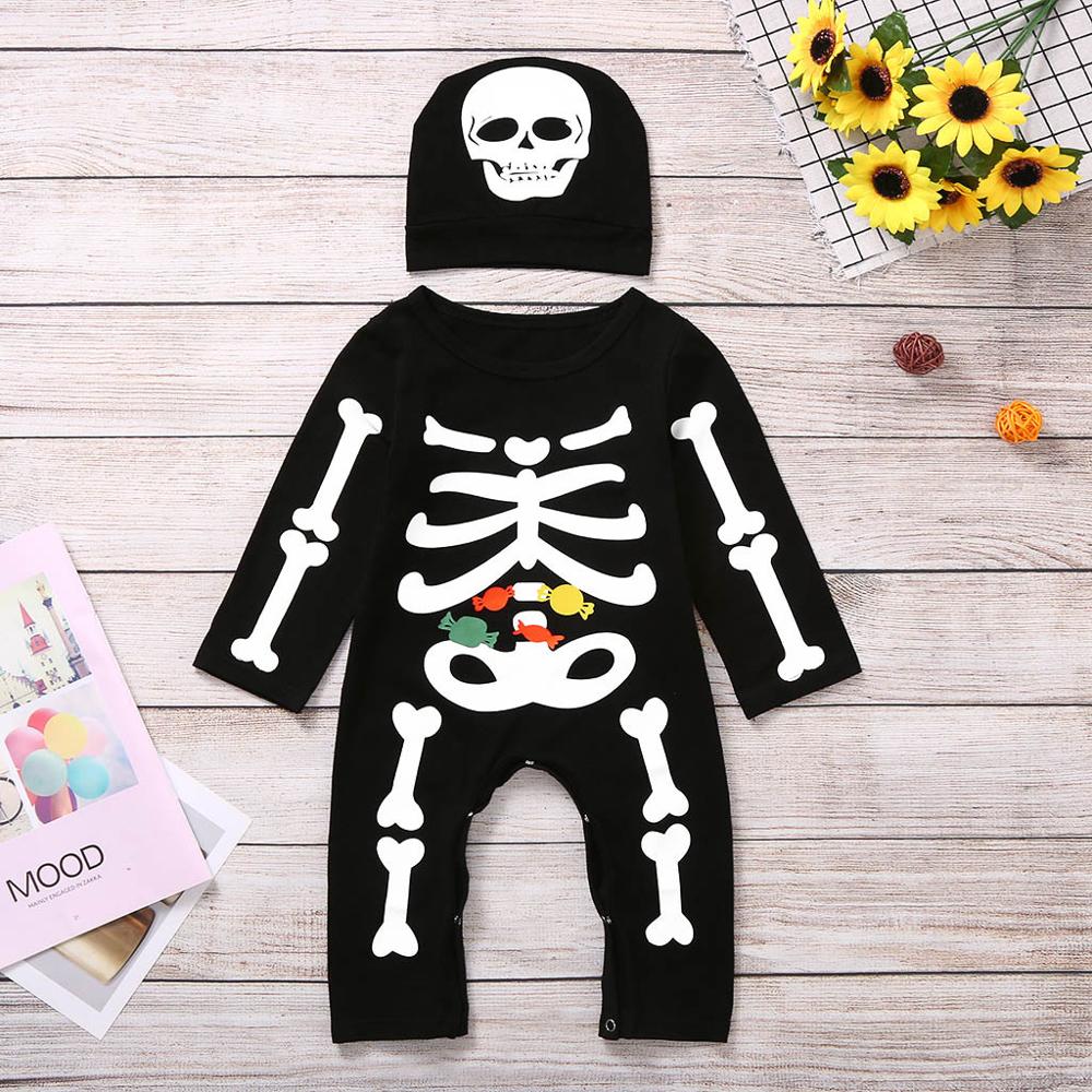 Ropa infantil de Halloween para bebés y niñas, de calavera Pelele con estampado de dibujos animados, Mono de manga larga, ropa para bebés