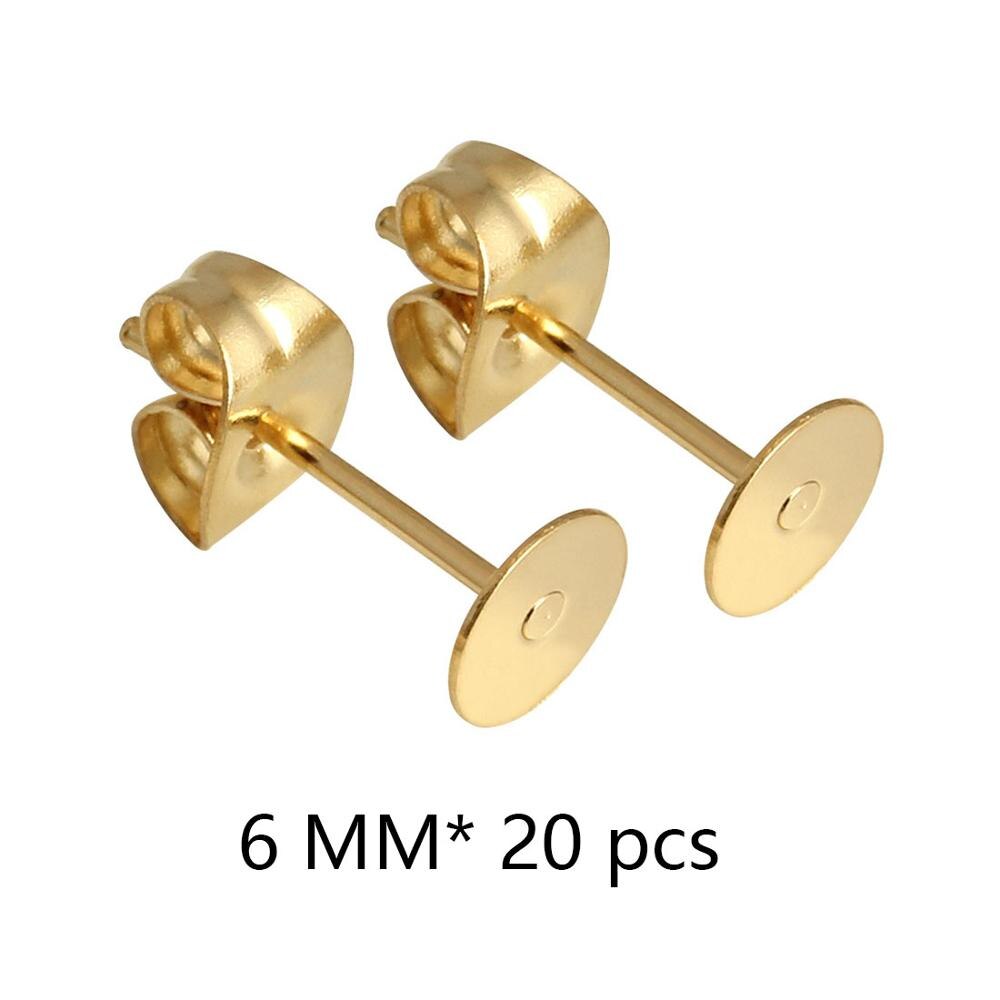 Lote de pendientes de poste de acero inoxidable blanco, 100 unidades, pasadores de Base con tapón para pendientes, reverso de oreja para joyería DIY, soporte de cabujón: 6mm X 20pcs