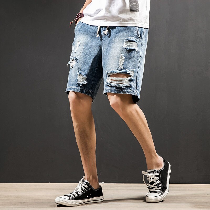 Summer Denim Shorts Male Short Jeans White Blue Hip Hop Harem Ripped Hole Drawstring Waist Mens Joggers 5XL: Blue / 4XL