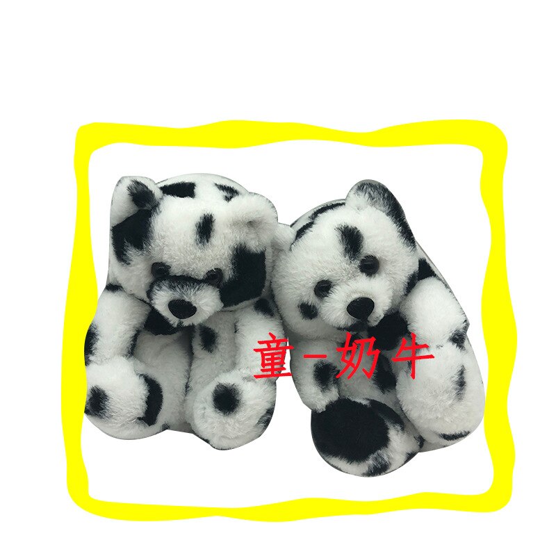 18-20cm Children&#39;s Teddy bear slippers Teddy Bear Slippers Floor Home Furnishing Plush Thick Cotton Warm Shoes winter: children -Cow color