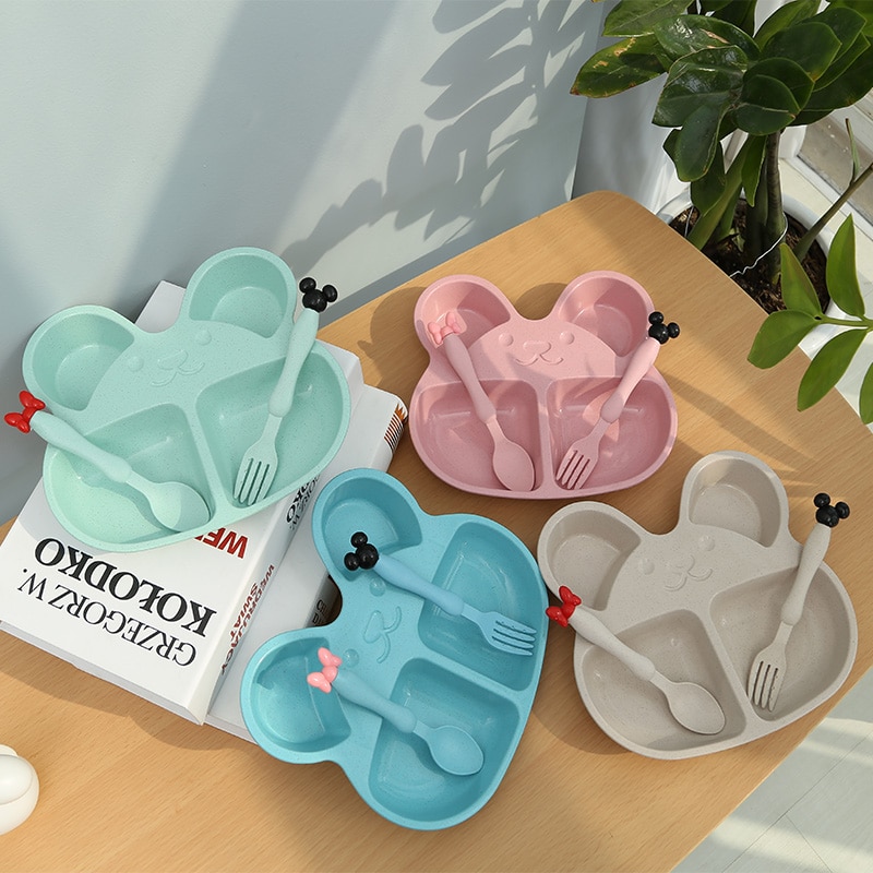 Wheat Straw Children Cartoon Bear Tableware Set Baby Dinner Plate Feeding Dishes Baby Training Bowl Spoon Fork for Kids Eating