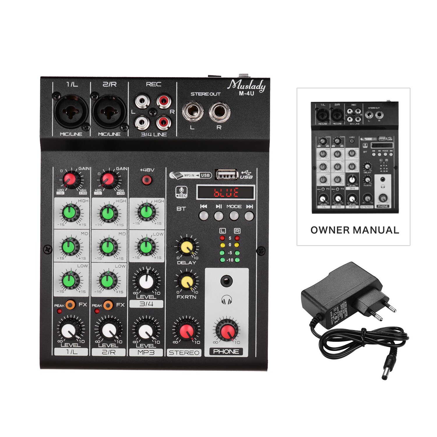 Muslady M-4U 4-Channel BT Mixing Console Digital Audio Mixer Built-in Reverb Effects +48V Phantom Power 3-band EQ Portable: EU Plug