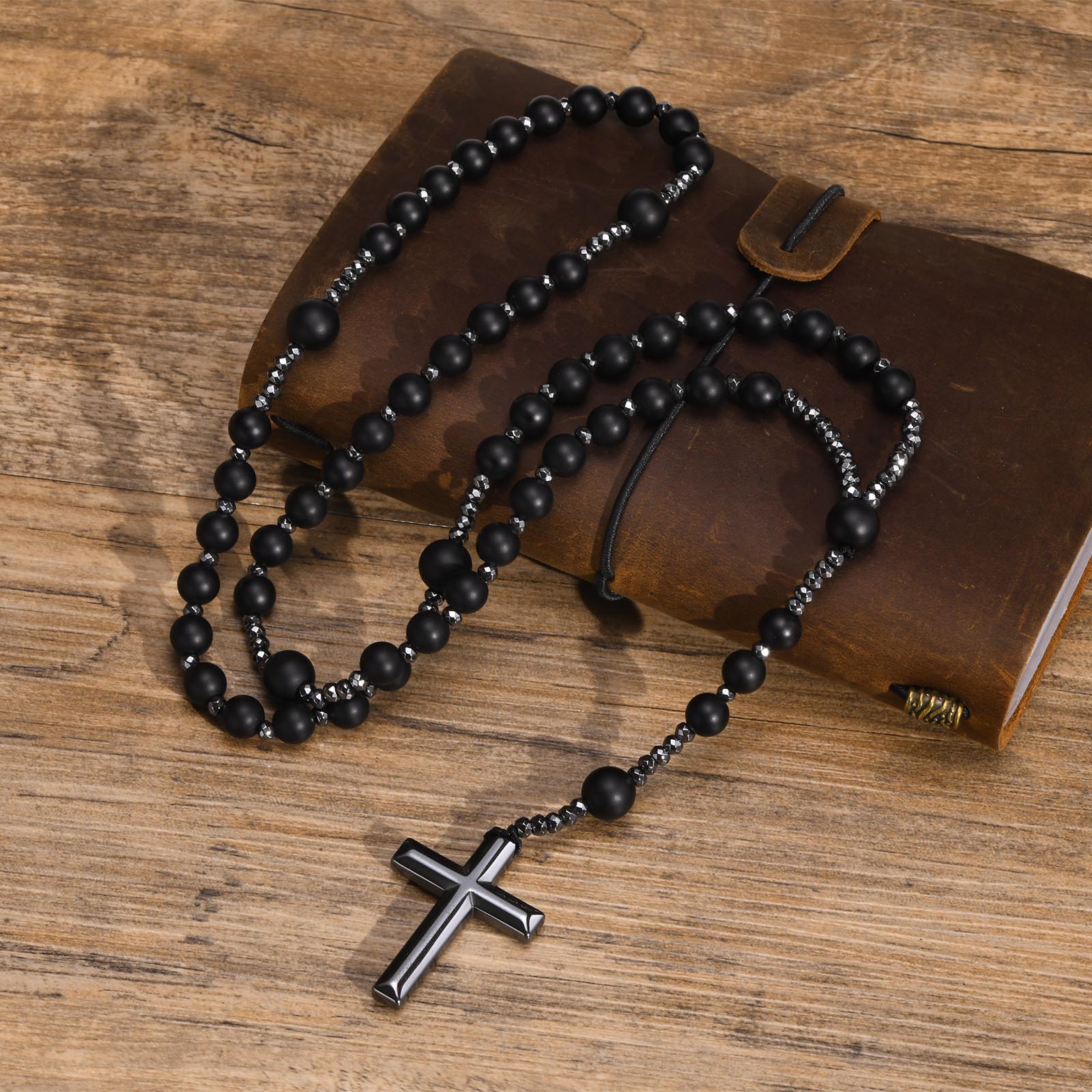 Zwarte Kralen Kruis Rozenkrans Kettingen Voor Mannen, Mannelijke Power Balance Hematiet Ketting, Religieuze Faith Gebed Sieraden: Black Zinc Plated