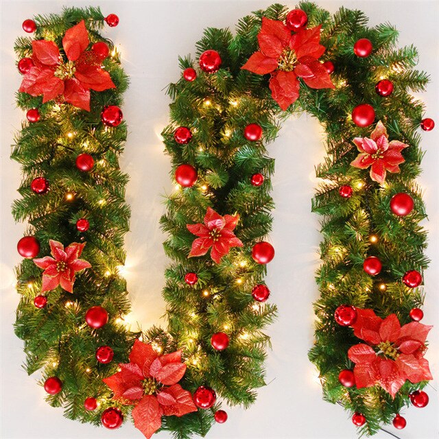 2.7M Christmas Rattan Artificial Garland Home Decor Wreath Decorative Green Christmas Garland Artificial Xmas Tree Decoration: red / Without LED