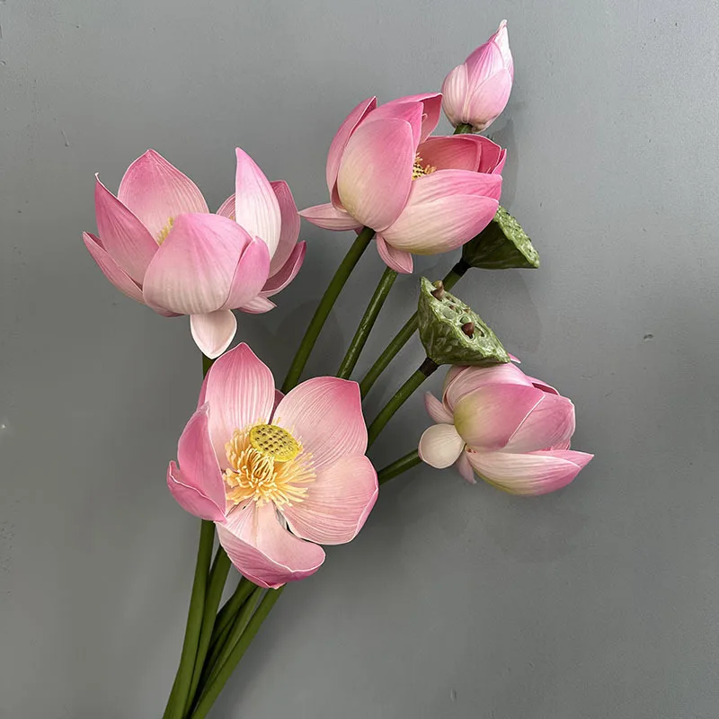 Artificial Flower EVA Lotus with Pole Lotuses Leaves Home Living Room Pastoral Style Decoration Simulation Pink White Flowers
