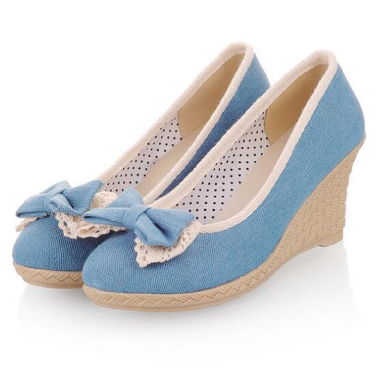 Covoyyar denim sød sløjfe kvinder pumps forår sommer wedges dame høje hæle rund tå casual lavvandede sko slip on whh 618: Himmelblå / 5