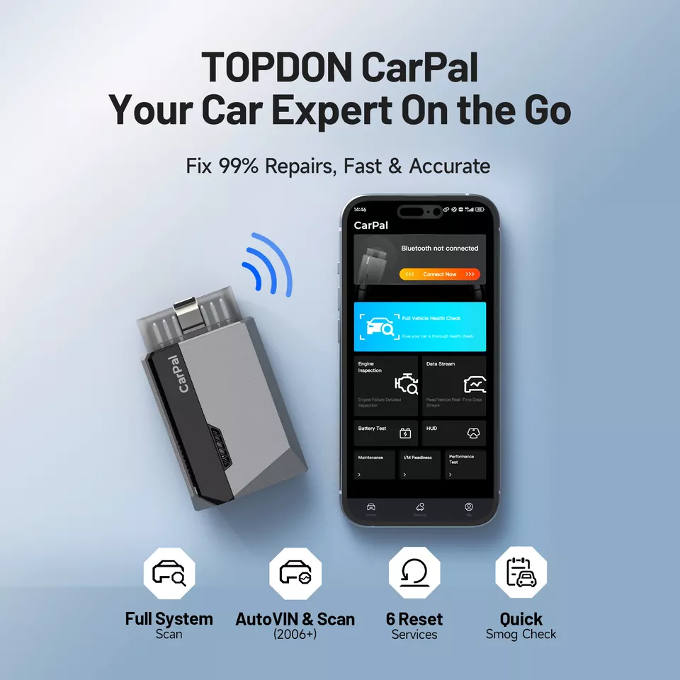 TOPDON CarPal Lettore di codici OBD2 Scanner Controllo salute auto Controllo smog Controllo batteria Scansione sistema completo 6 servizi di ripristino