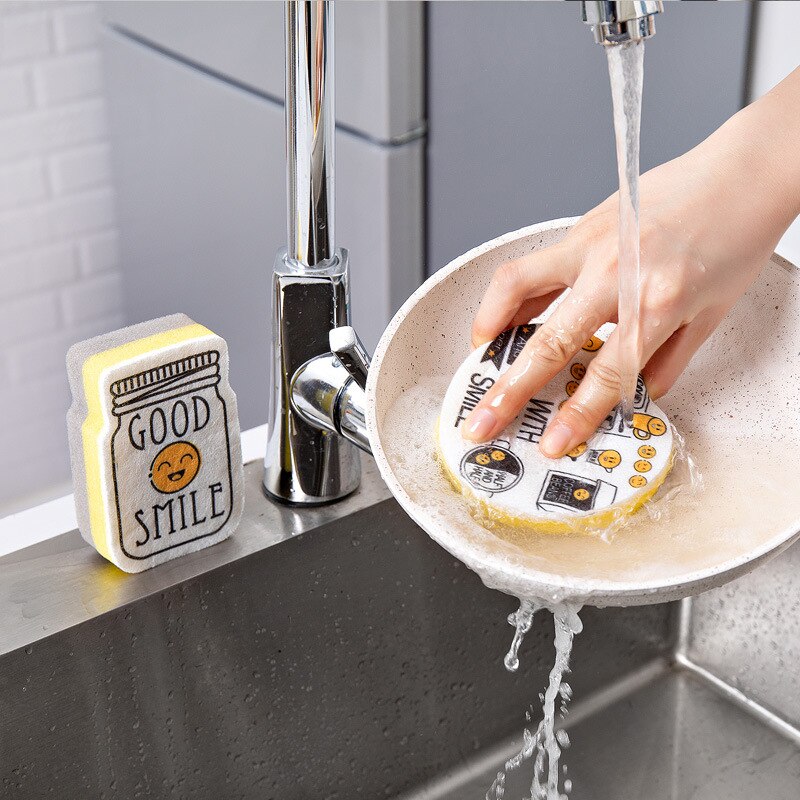 4PCS Smiley Face Thick Sponge Strong Decontamination Dish Washing Cloth Kitchen Cleaner Sponges Scouring Pads