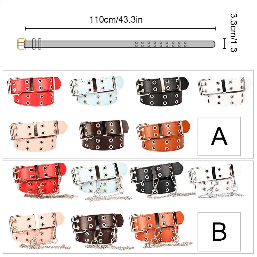 Women Punk Chain Belt Adjustable Double Row Hole Eyelet Waistband with Eyelet Chain Decorative Belts