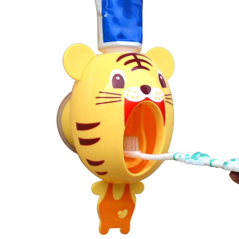 mignon dessin animé automatique distributeur de dentifrice support mural salle de bain ensembles pour enfants enfants brosse à dents: Yellow 