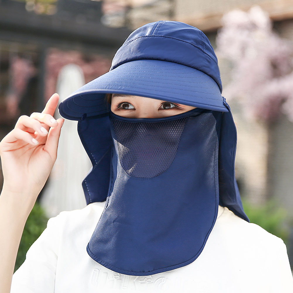 Women Anti-UV Sun Hat Outdoor Cap Wide Brim Neck Face Flap Protective Hiking Protect Cap: Navy Blue