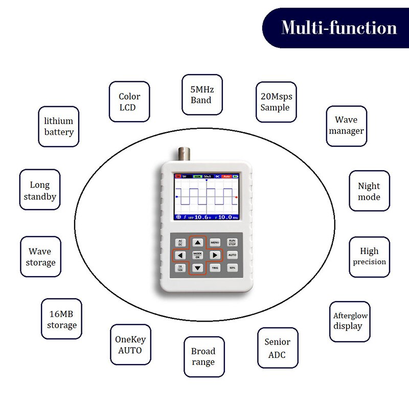 Handheld Digital Oscilloscope Mini Portable Digital Oscilloscope 5M Bandwidth 20MSps Sampling Rate Contains Lithium Battery