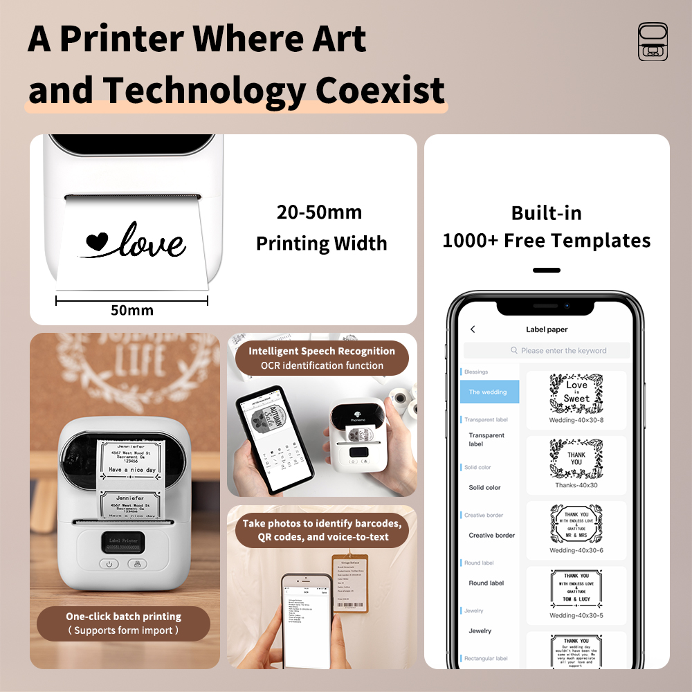 Phomemo M110 Label Printer Mini Printer Thermal Label Maker Portable Labeling Machine for Business Barcode Cable School