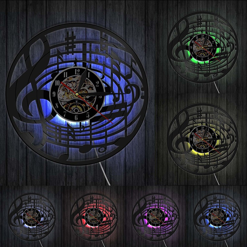 Rock n roll musik note led nat lys lampe diskant nøgle vægur lavet af ægte vinyl plade stille sweep watch reloj de pared