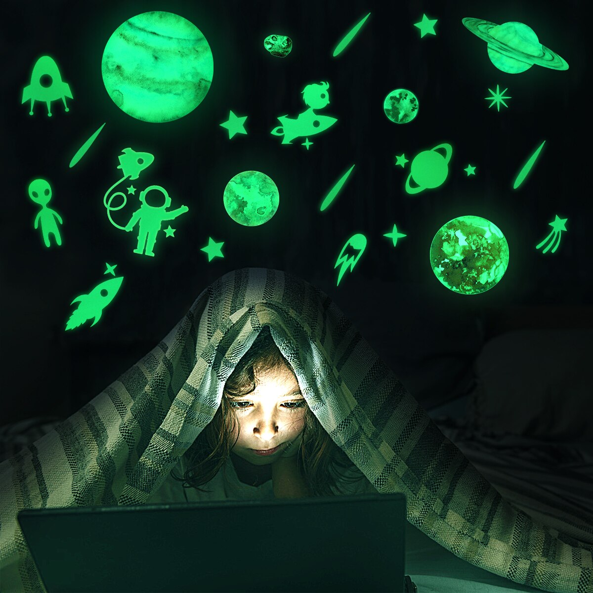 Toyvian, respetuoso con el medio ambiente, planetas seguros, estrellas, techo, pared del dormitorio, decoración del hogar, pegatinas de arte, pegatinas fluorescentes que brillan en la oscuridad, pegatina