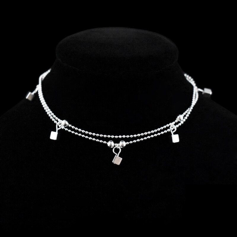 Ladies Beach Square Pendant Foot Anklet 925 Sterling Silver Double Layer Small Ball Chain Anklets Bracelet For Women Jewelry
