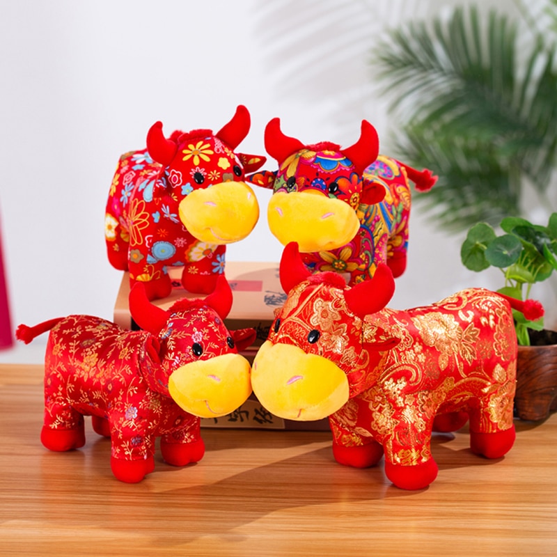 25cm Year Chinese Zodiac Ox Cattle Plush Toys Cute Red Cow Plush Doll