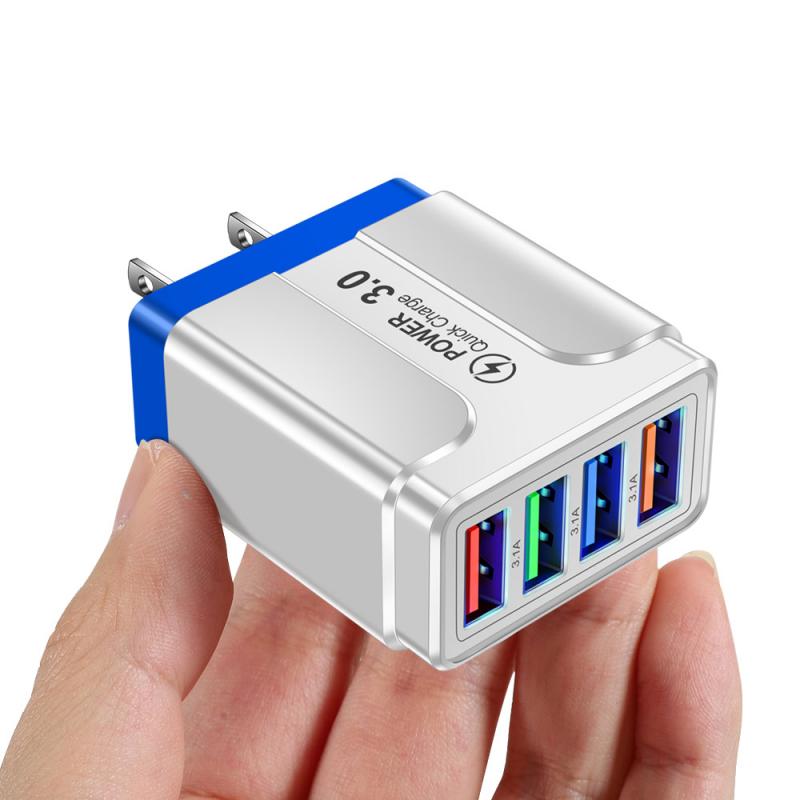 Mobiele Telefoon Reizen Opladen Hoofd Voor Iphone 12 Xiaomi Huawei Tablet Draagbare Eu/Us/Uk Plug 3.1A Vlinder 4 Usb Lader: BLUE  US