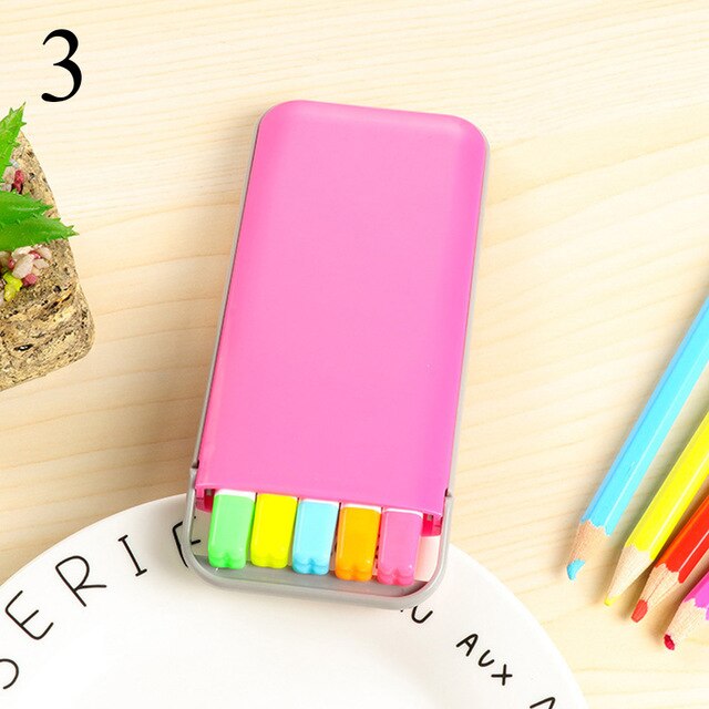5 farver / kasse søde farverige overstregningssæt med penæske til studerende kawaii fluorescerende tuschpenne kontorskoleartikler: Lyserød