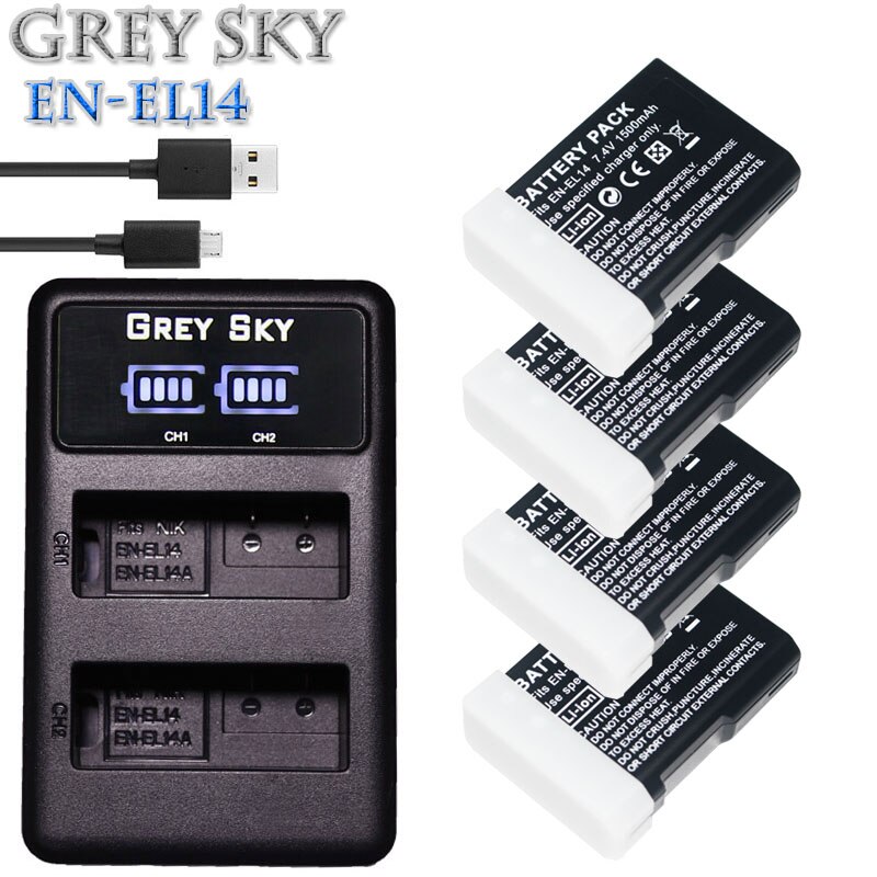 4 st 1500 mah en -el14 en-el14a enel 14 batteri för nikon  d3100 d3200 d3300 d3400 d3500 d5600 d5100 d5200 p7000+ lcd usb laddare: Laddare och 4 batterier