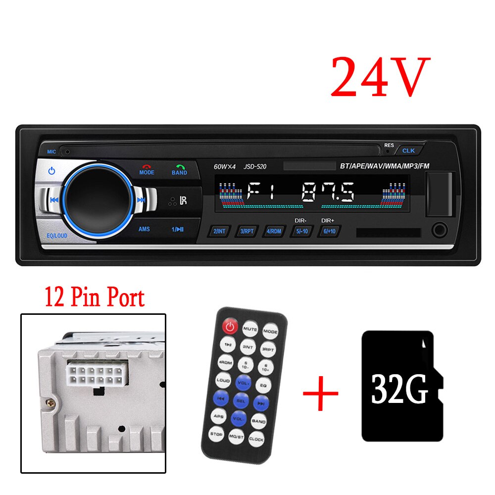 12-24V Autoradio JSD 520 estéreo 1 Din coche Radio Bluetooth Fm Entrada Aux receptor del camión del coche de Audio Usb SD Mp3 Mmc Wma manos libres: 24V 12PIN with 32G