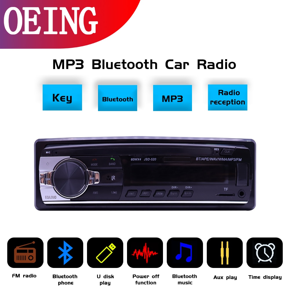 Multimedia  mp3 -speler 1 din autoradio autoradio met bluetooth fm muziek aux-ingang tijdinstelling usb u-schijf sd-kaart 12v