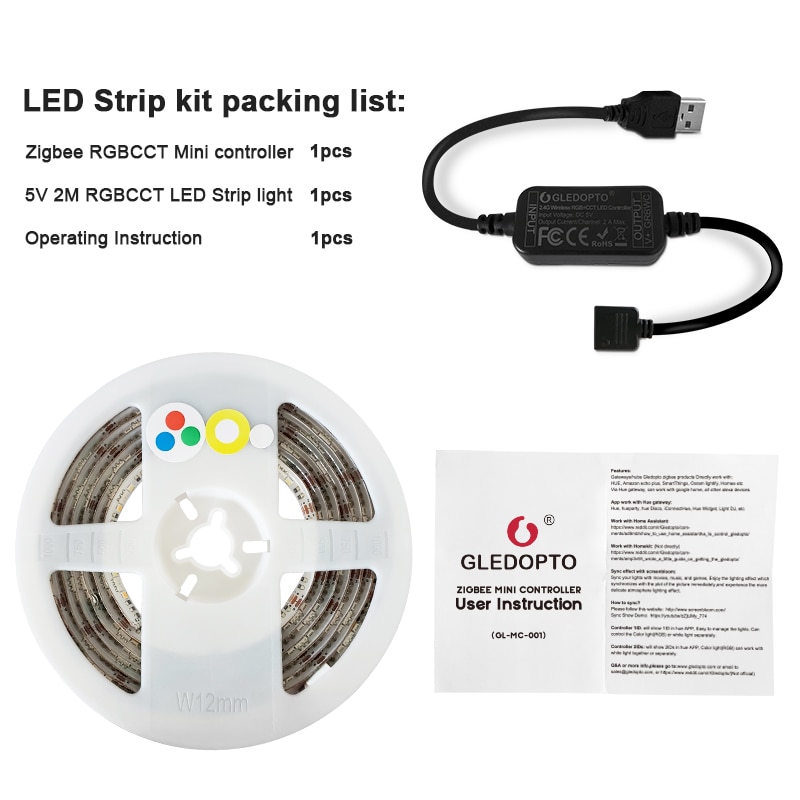 Gledopto zigbee kontroller mini smart tv led strip light kit 5v usb rgb+cct datamaskin led strip light work with zigbee hub echo
