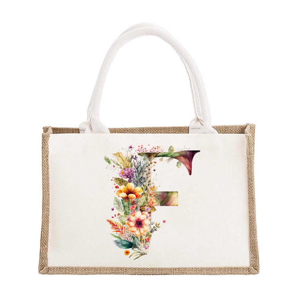 Sac à bandoulière en lin de grande capacité, sac de Shopping pour femmes, motif imprimé de lettres florales, sac d'imitation de Jute: Bleu