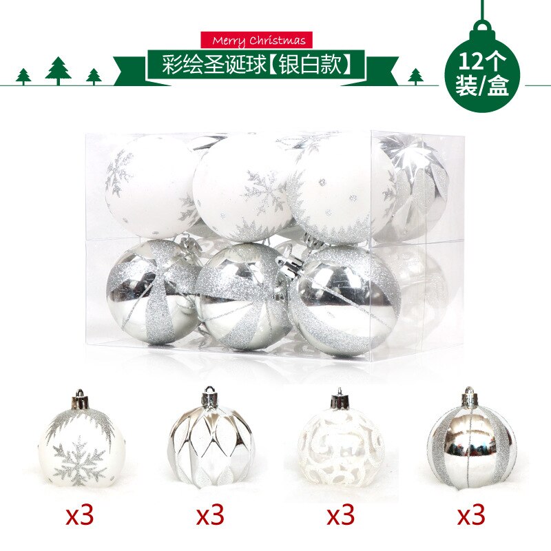 12 stk / pakke flerfarvet pvc 6cm juledekoration hængende ornamentkugle til juletræ bryllupsfødselsdagsfest hjemindretning: Sølvhvid
