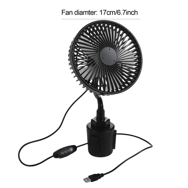 3 Speeds Black Gooseneck Car Cup Holder Fan 6.7inch USB Car Fan 360° Rotation Single-Head Fan for Car SUV Boat