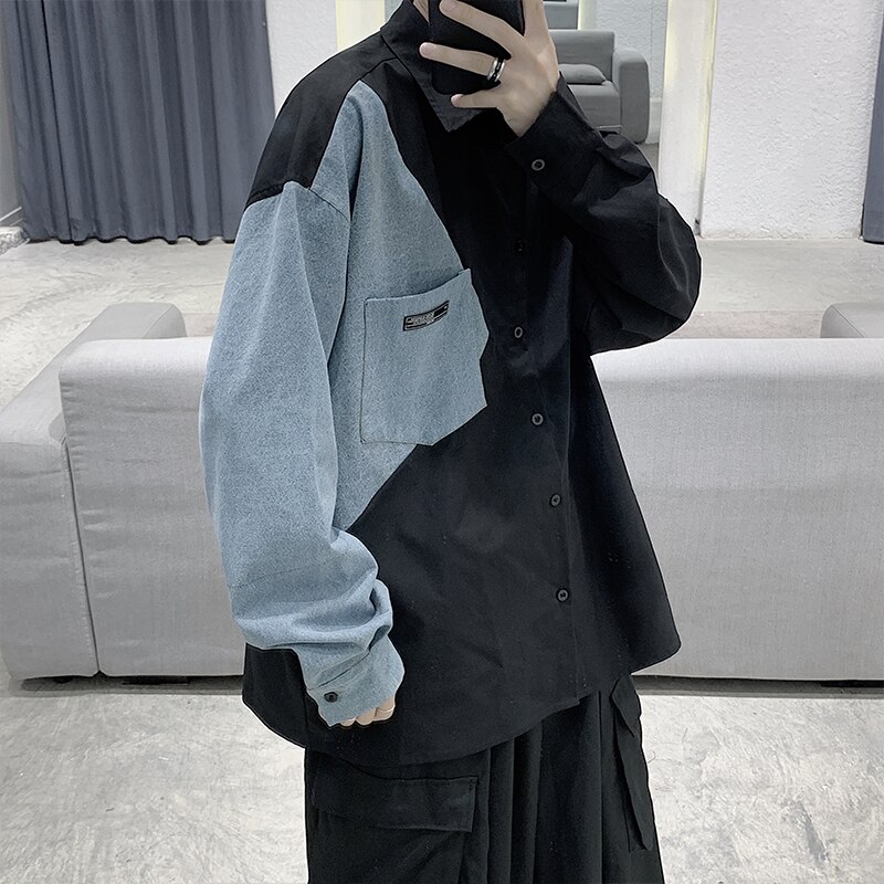 Oversized Denim Patchwork Shirts for Men Trends Clothing Teens Harajuku Long Sleeve Button Jeans Blouses