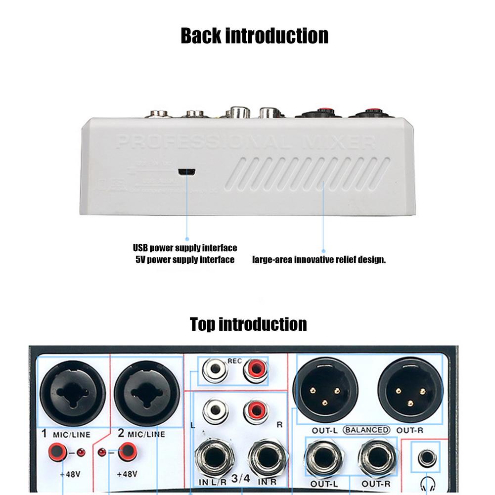 Wireless 4-channel Audio Mixer Portable Sound Mixing Console USB Interface MP3 Computer Input 48V Phantom Power Monitor For Home