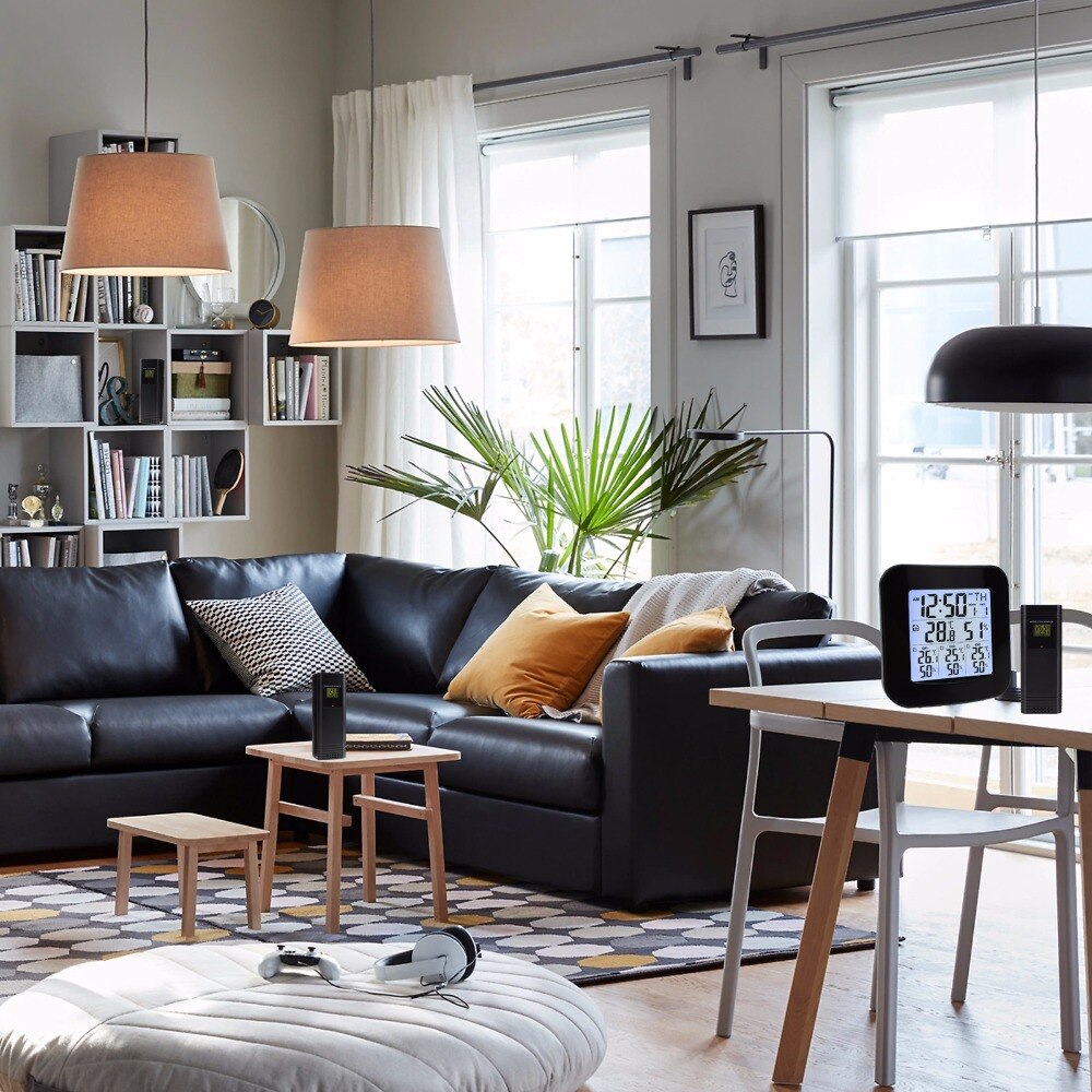 Weather Station Indoor/Outdoor Wireless Sensors Digital Thermometer Hygrometer Black LED LCD Display Temperature Humidity Clock