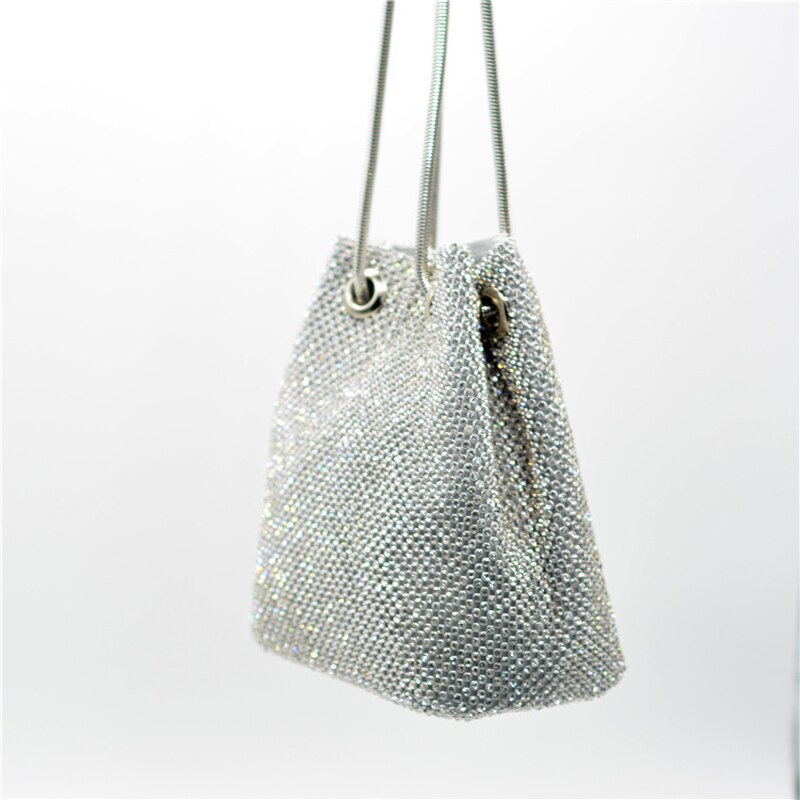 Crystal Bucket Bag for Women Multicolor Rhinestone rainbow Beaded Ladies Handbag Luxury Shoulder Bag: Silver