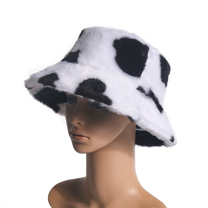 Kvinder vinter varm fluffy overdådig spand hat mælk ko print panama fisker kasket  lx9e