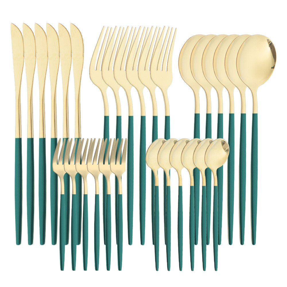 Lidafish 30 sztuk ze stalowa zastawa stołowa zestaw kuchnia luksusowe obiadowy zestaw noży widelec łyżka sztućce obiadowe zestaw: 30pcs-Green gold