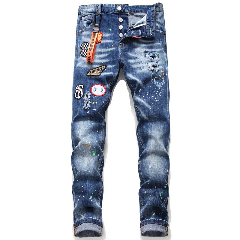 Pantalones vaqueros con bordado de insignia de lujo ligero para hombre, pantalones vaqueros ajustados con estampado de lunares de colores, rasgados y parches, Jeans de calle de ;