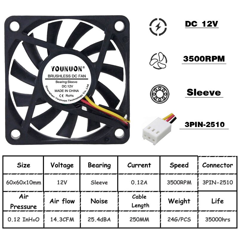 2 Stuks 5V 12V 24V 60Mm 6010 Dc Fan 60X60X10Mm 6cm Cooling Koeler Fan Computer Pc Cpu Case Cooling Kogellager Fan: 6010 12V Oil 3PIN