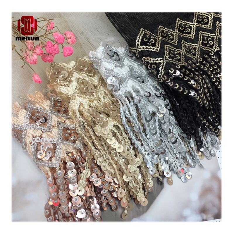 Performance scène vêtements accessoires maille fil bas paillettes code à barres dentelle gland ruban jupe décoration matériaux