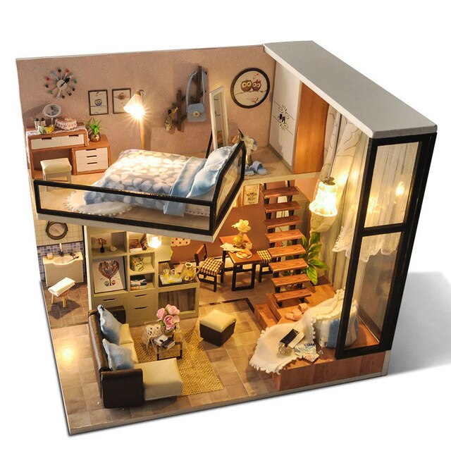 DIY Holz Puppe Haus Moderne Stadt Loft Kinder Spielzeug DIY Miniatur Puppe Haus Holz Kit Möbel Lampe Bett Zabawki Dla dzieci: Default Title