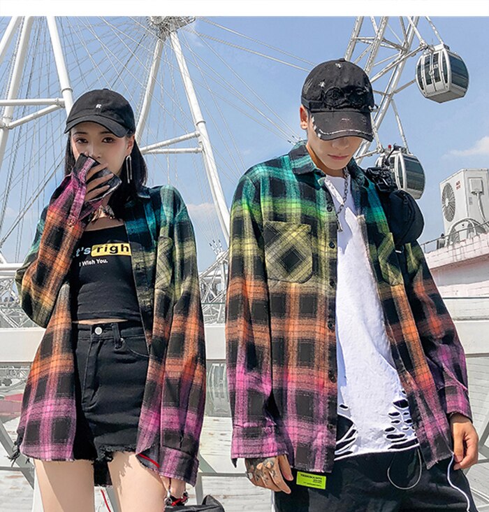 Gradient Rainbow Color Plaid Cotton Shirts Streetwear Casual Style Autumn Long Sleeve Blouses Shirts Men Women Tops