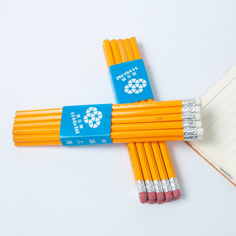 10pcs Yellow Wooden Pencils with Erasers HB Black Lead Standard Pencils Set Writing Tool School Stationery Drawing Supplies: Default Title