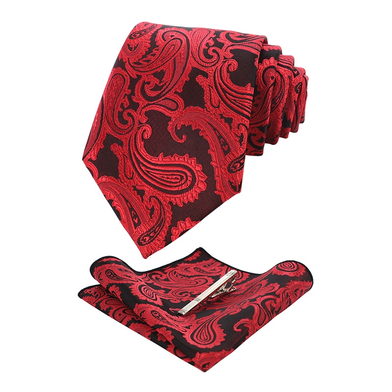 KAMBERFT męskie klasyczne Paisley krawat i kieszeń kwadratowy zestaw czerwony zielony jedwabny krawat żakardowy z krawat klip zestawy wesele krawat