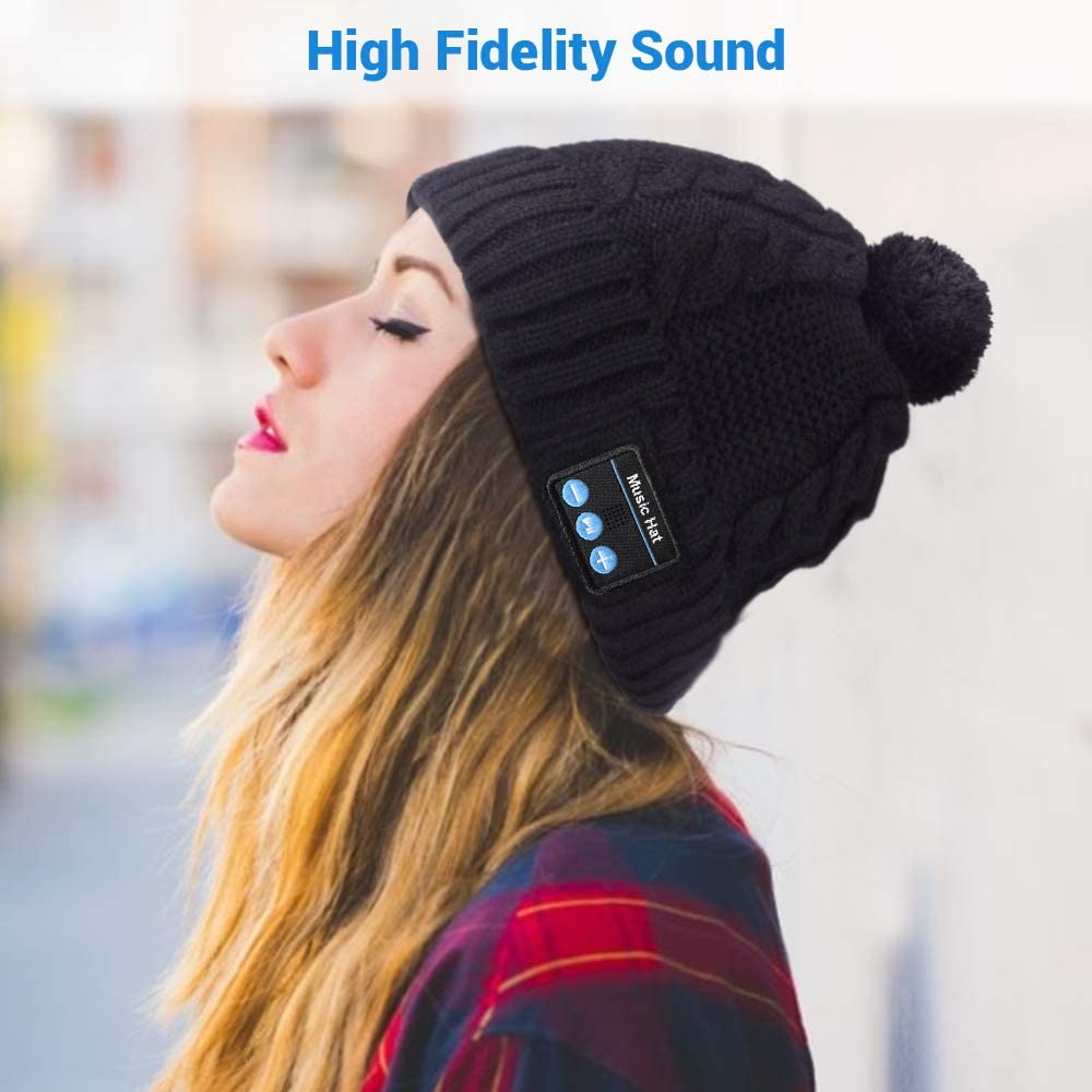Gorro Bluetooth con altavoces incorporados, gorro con pompones y micrófono para deportes al aire libre, Fitness, Invierno